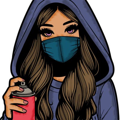 girl wearing a mask with long hair with her hood up spray-painting realistic