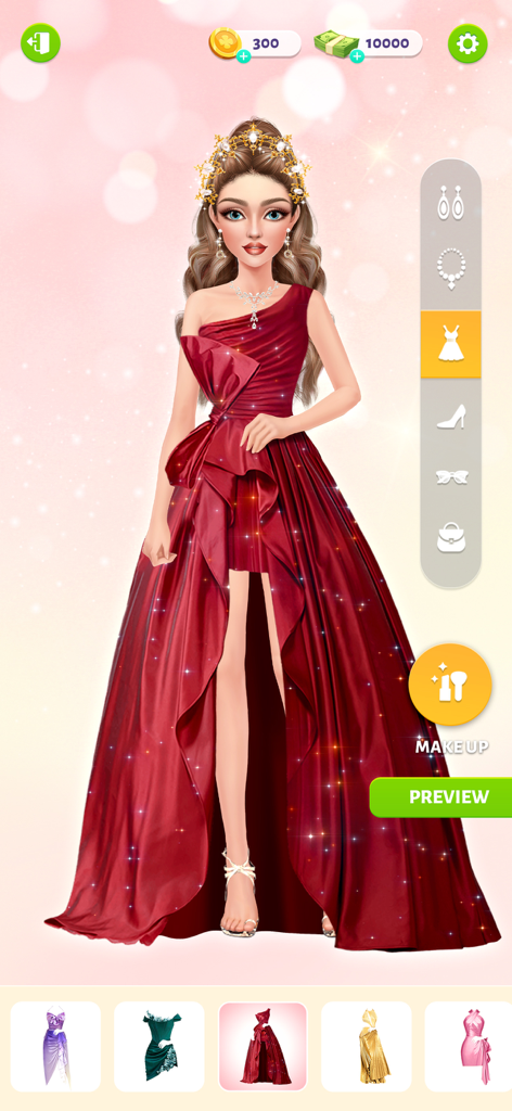Fashion Star: Model Dress Up - Un avatar de modelo glamuroso con un vestido rojo brillante y una corona dorada en el juego Fashion Star Model Dress Up