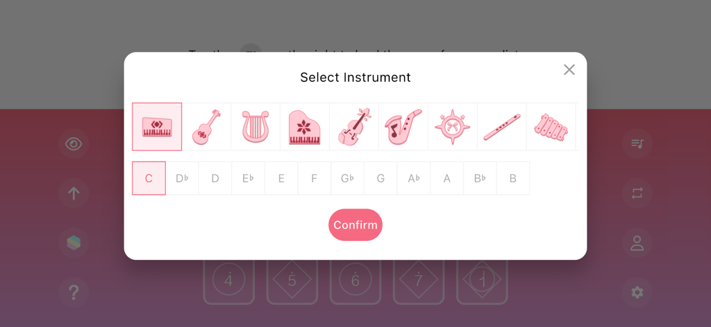 SkyScores - Instrument selection screen in SkyScores app showing various pink instrument icons and musical keys.