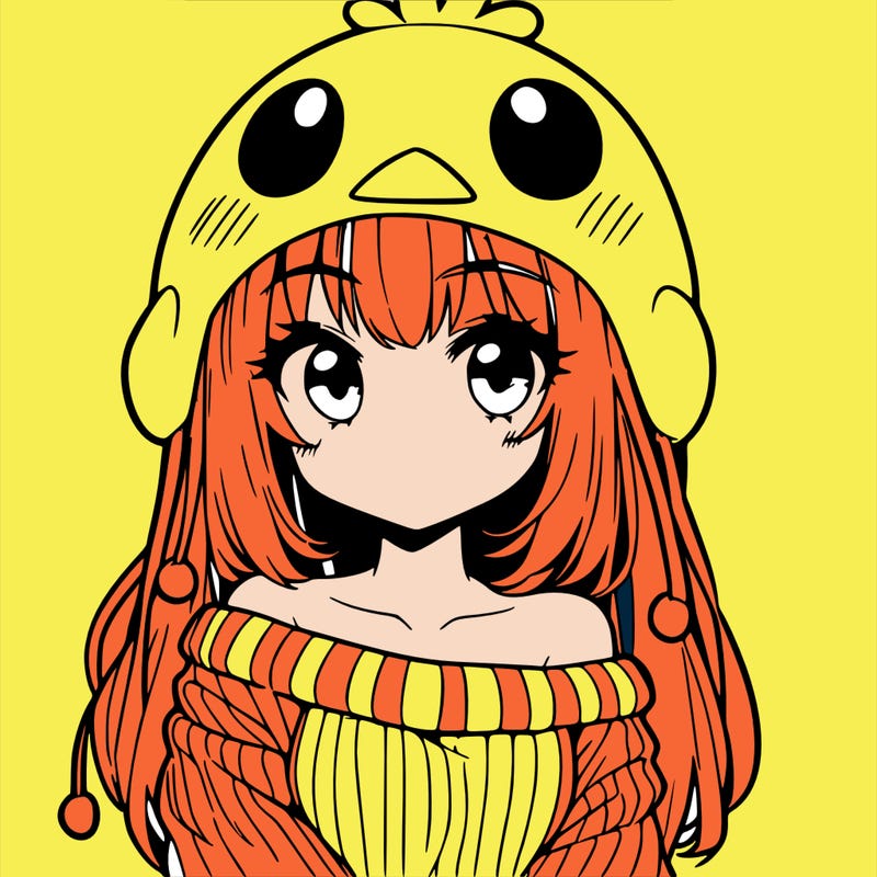 anime girl with chick shaped hat with sweater with bare shoulders with bangs covering them one eye with low tail
