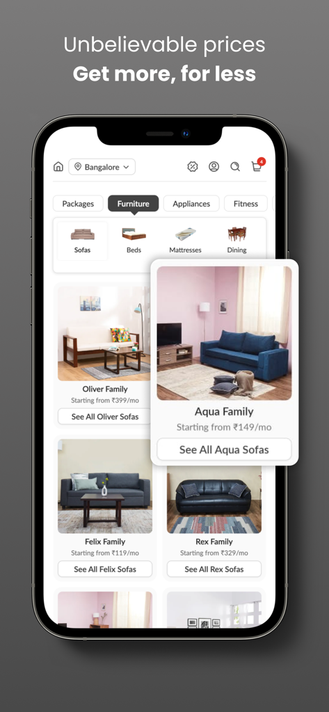 Rentomojoモバイルアプリ画面、様々なソファのレンタルオプションと月額サブスクリプション価格を表示