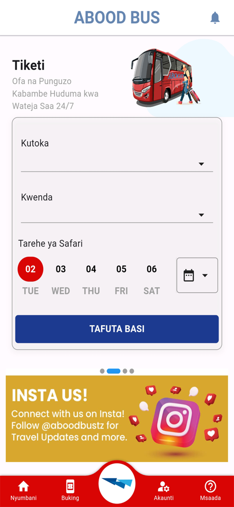 Abood Bus mobile app interface showing a bus ticket search form with fields for origin destination and date of travel