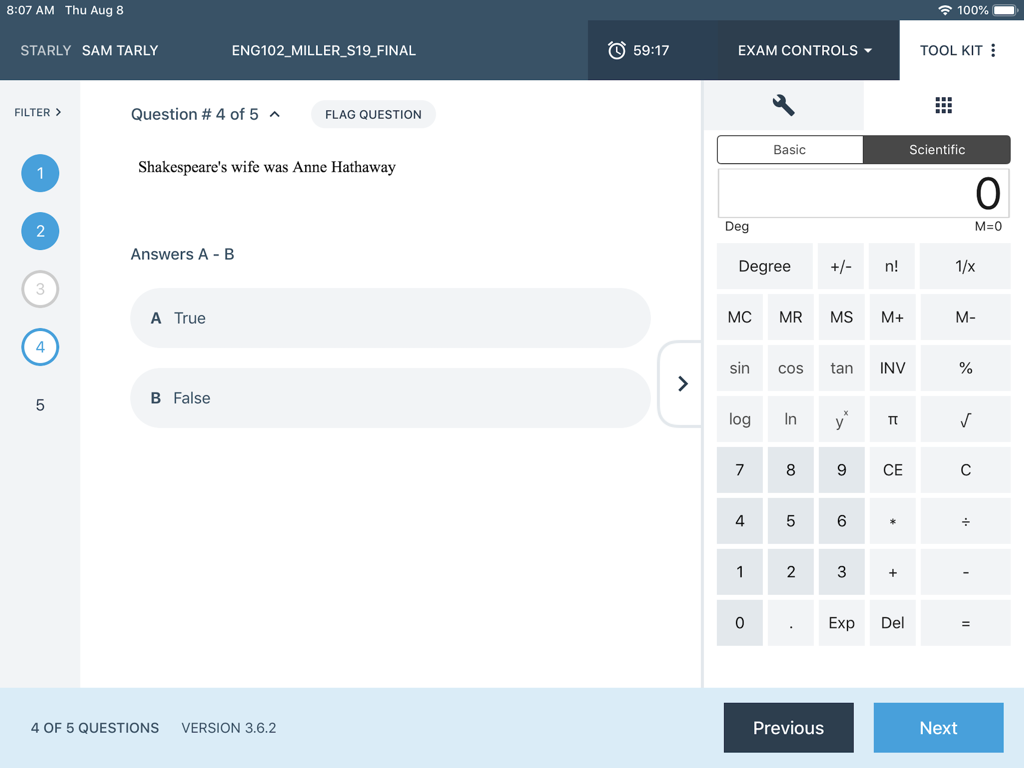 Examplify app interface on iPad showing a true or false question about Shakespeare and an open scientific calculator tool kit