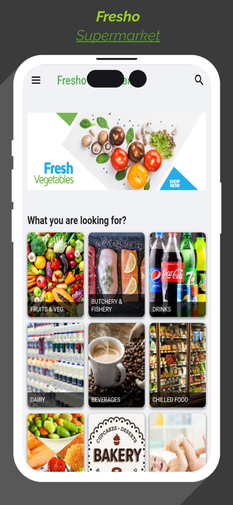 Fresho Supermarket - Freshoスーパーマーケットアプリのホーム画面にさまざまな食料品カテゴリが表示されています