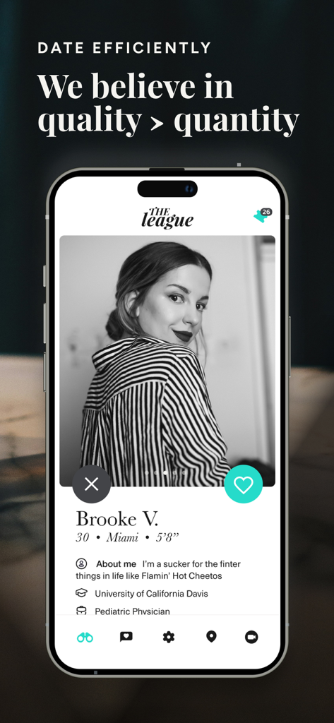 The League dating app interface displaying a high achieving professional woman profile with education and career details