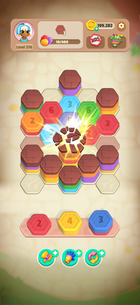 Hexa Stack: Color Sort Puzzle - Gameplay of Hexa Stack Color Sort Puzzle showing colorful hexagonal tiles and a breaking stone obstacle on the board.