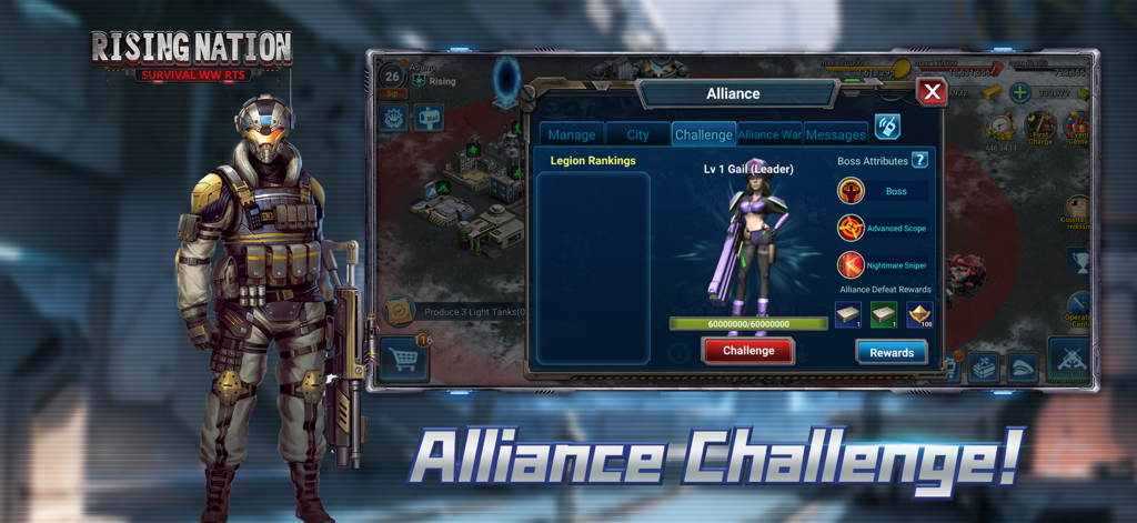 Rising Nation: Survival WW RTS - Rising Nation Survival WW RTS game interface showing the Alliance Challenge menu with boss attributes and a futuristic soldier