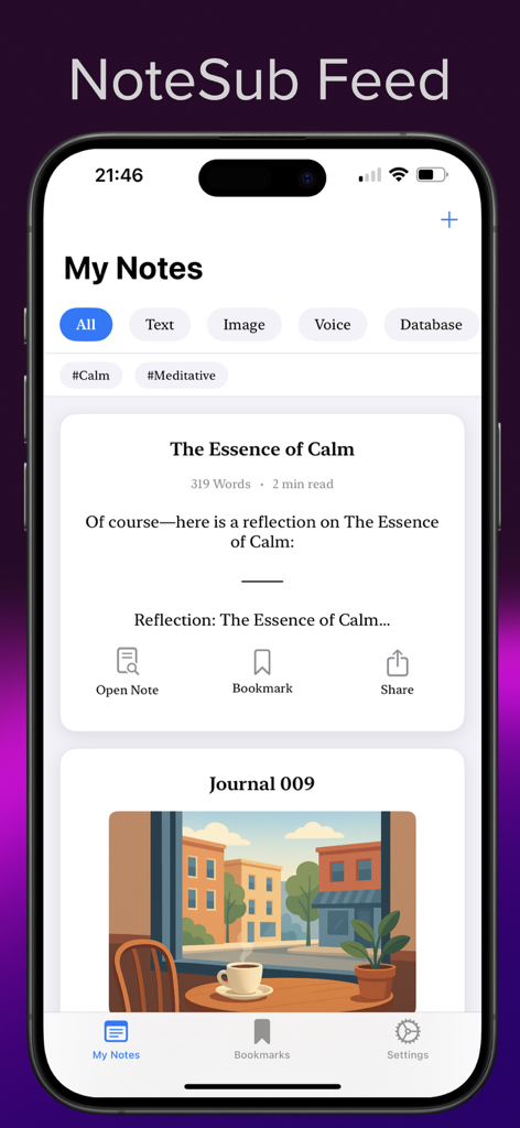 NoteSub - Una captura de pantalla de la interfaz de la aplicación NoteSub que muestra un feed estilo redes sociales de notas personales, incluyendo entradas de texto e imágenes en un iPhone.