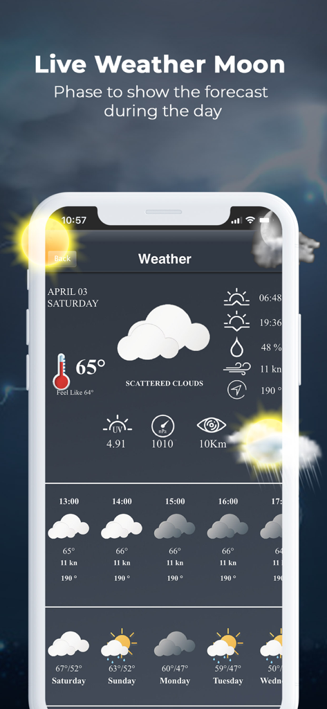 Oberfläche der Marine Navigation App mit detaillierter Wettervorhersage und Mondphasen