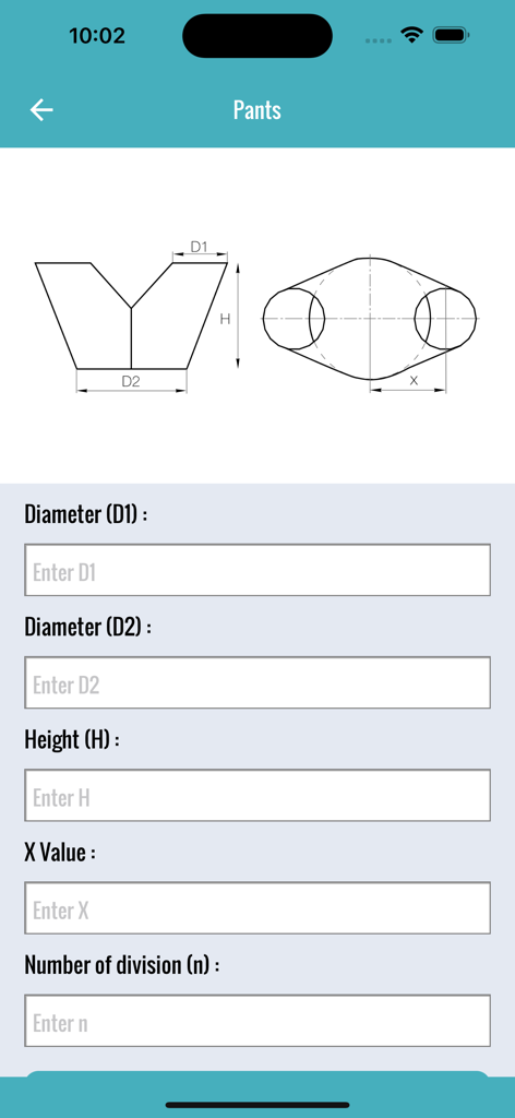 Flat Pattern Bend Calculator - Interface showing technical diagrams and input fields for a sheet metal pants transition calculation