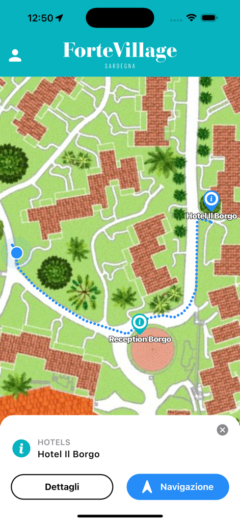 Forte Village Resort - Interactive resort map and navigation path to Hotel Il Borgo in the Forte Village app.