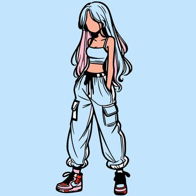 girl in baggy pants crop top and long hair