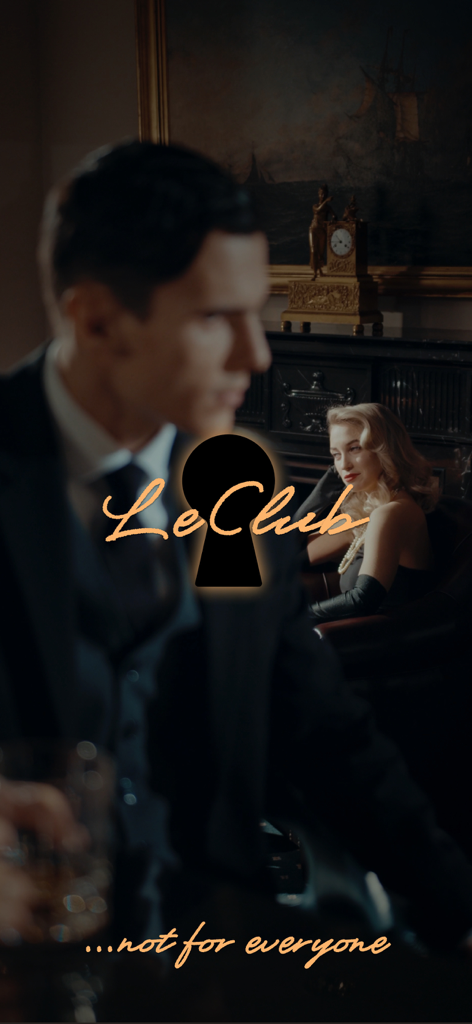 LeClub - Luxury Dating App - Sophisticated man and woman in an elegant interior with LeClub logo and tagline not for everyone