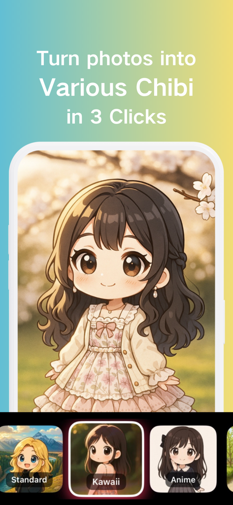 Chibi Maker :AI Avatar & Video - Interface do aplicativo móvel mostrando um avatar chibi kawaii e opções de seleção de estilo.