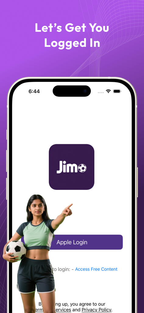 Jimo - Let's play - Jimo app login screen featuring a female soccer player and Apple sign in button