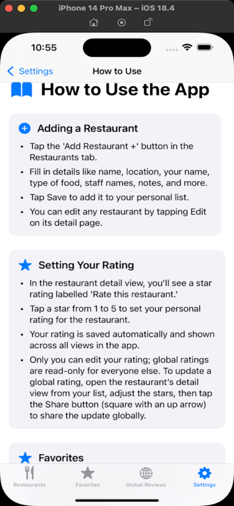 Restaurant Review Diary - Instruction screen in the Restaurant Review Diary app explaining how to add a restaurant and set personal ratings.