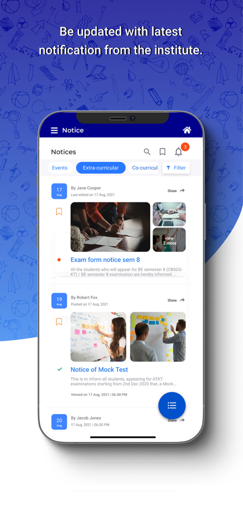 iPhone screen displaying school notifications and exam notices on the vmedulife app