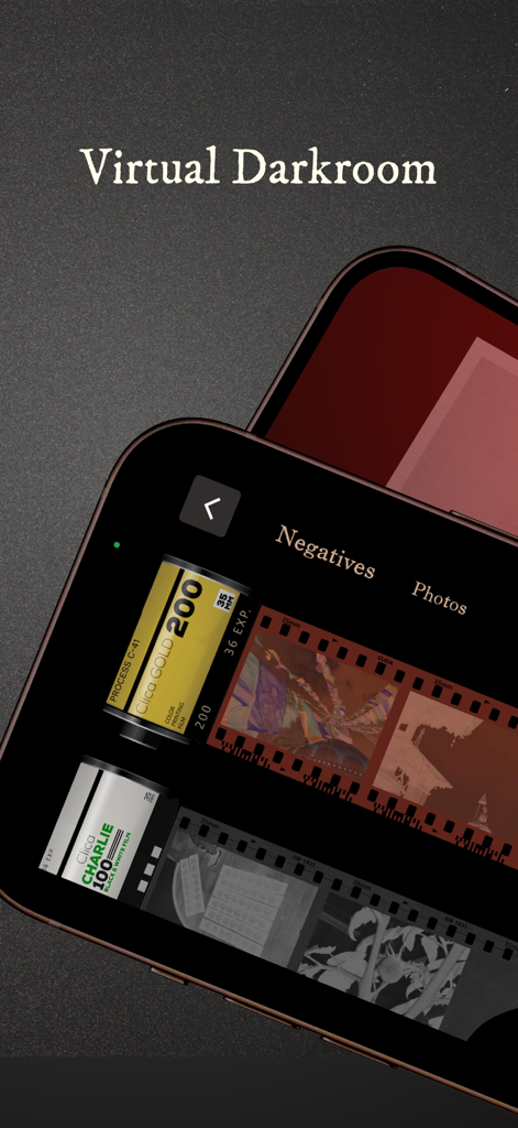 Clica - Authentic Film Camera - Clica app virtual darkroom interface showing vintage film rolls and negatives