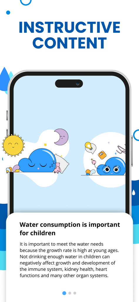Water Reminder - Drink - Educational screen of the Water Reminder app explaining the importance of water consumption for children with cute cloud illustrations