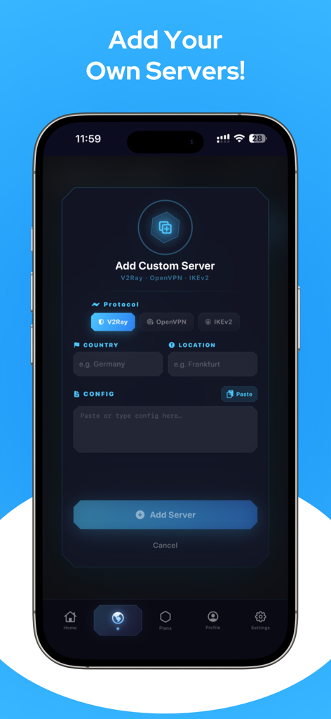 Gamer VPN: Proxy, Game Booster - Interface for adding a custom VPN server in the Gamer VPN app with protocol options like V2Ray and OpenVPN.