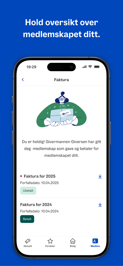 Pantalla de la app OBOS que muestra las facturas de membresía y el estado de pago