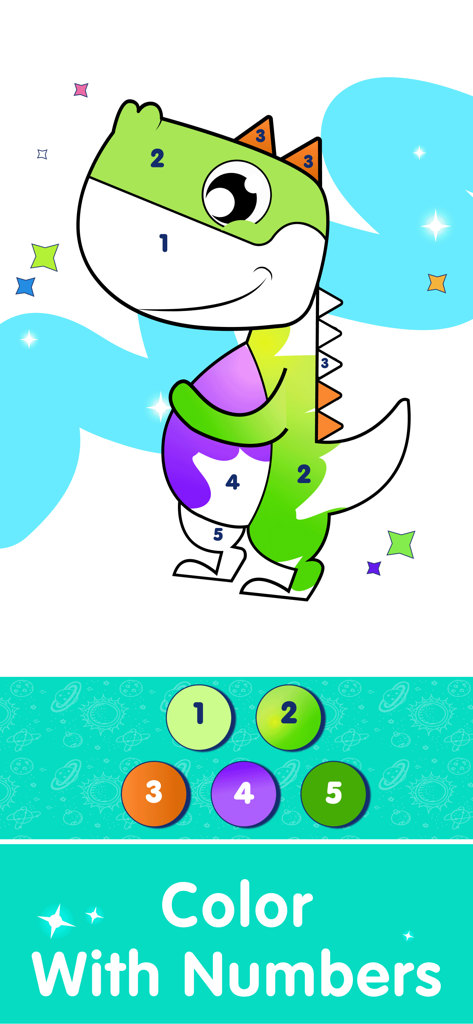 Drawing App Kids Coloring Book - Un dinosaurio de dibujos animados en una actividad de colorear por números para niños