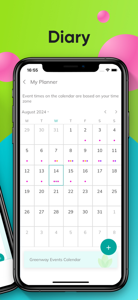 Interface do diário de negócios e planejador de eventos mensais do aplicativo Greenway Global