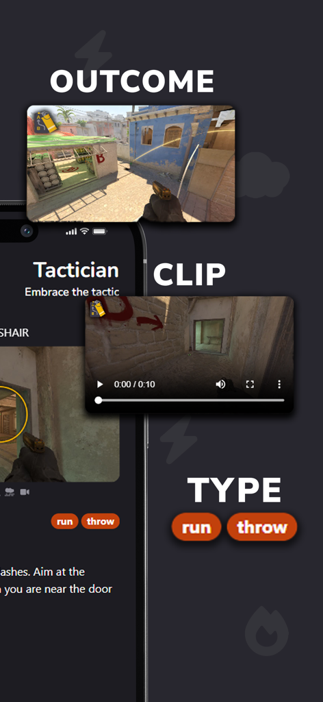 CS2 Tactician - Interface of the CS2 Tactician app featuring grenade outcome clips and throw type instructions
