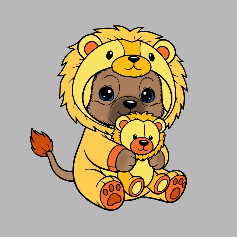 cute puppy with lion oufit holding a lion teddy