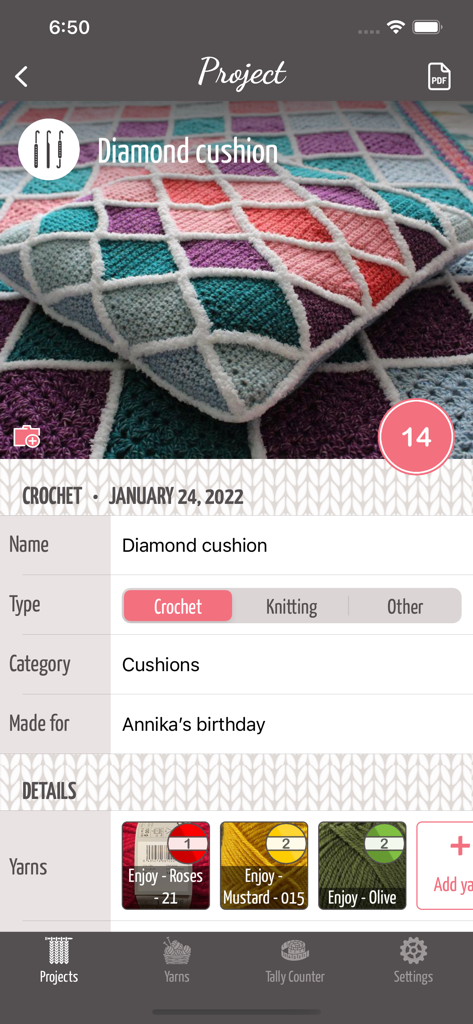 Yarnal - Knitting & Crochet - Yarnal app project page showing a crochet diamond cushion with row counts and yarn details