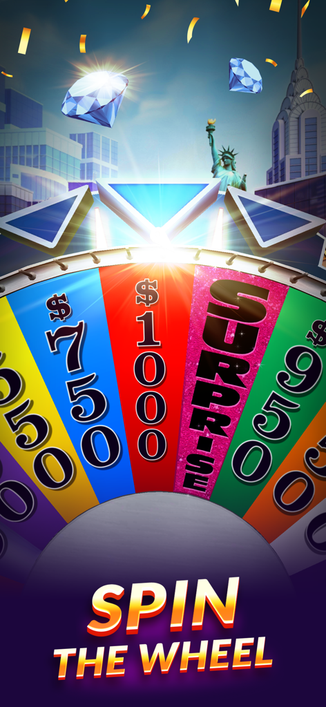 Wheel of Fortune: Show Puzzles - La icónica y colorida rueda de premios de Wheel of Fortune con un fondo de la ciudad de Nueva York y el texto "Spin the Wheel".
