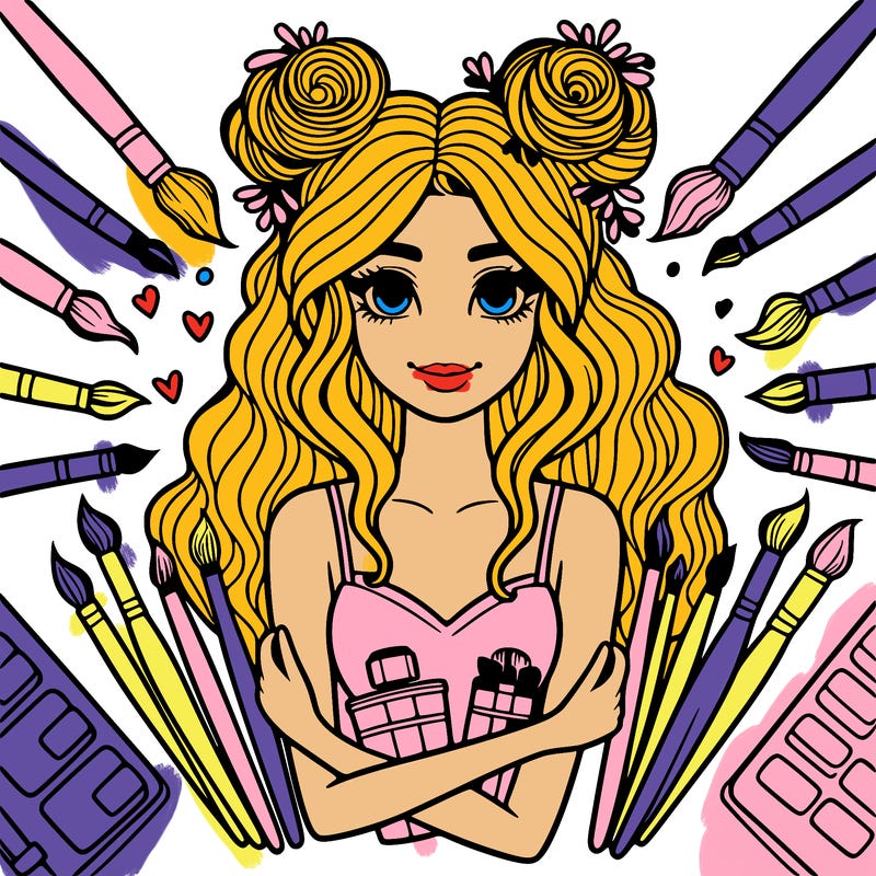 big attractive girl surrounded by brushes and colored
