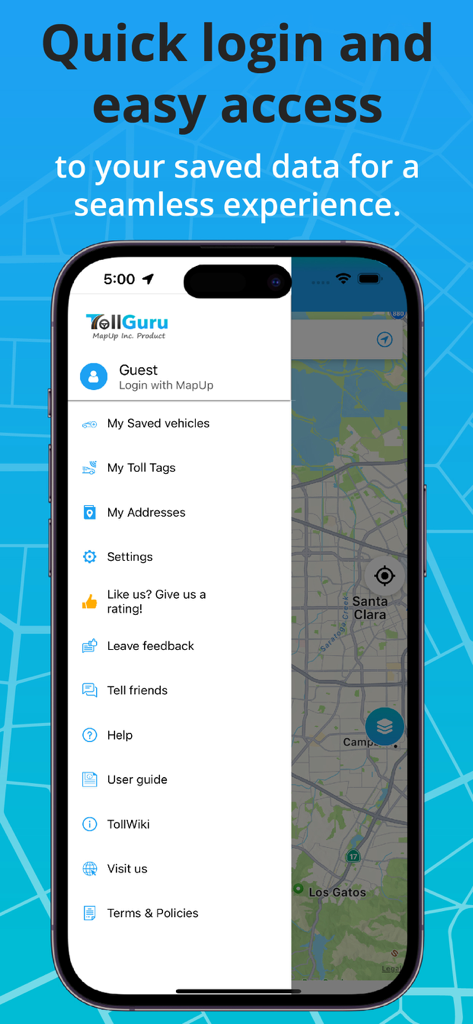 Toll & Gas Calculator TollGuru - TollGuru app menu screen featuring options for saved vehicles and toll tags