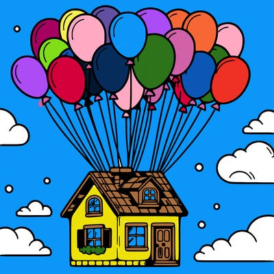 house floating from lots of balloons