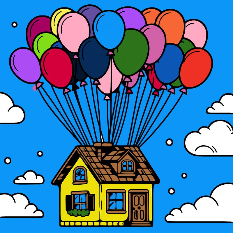 house floating from lots of balloons