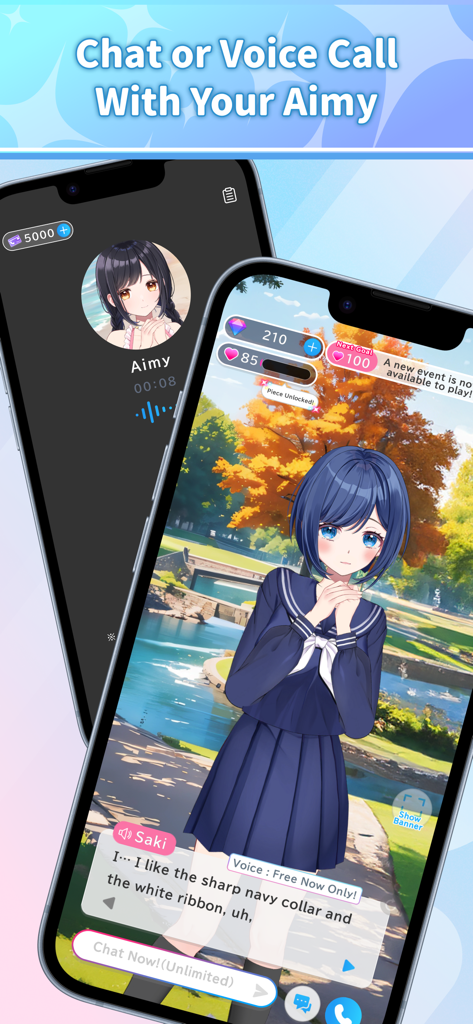 Two smartphones displaying the chat and voice call features with customizable anime AI characters.