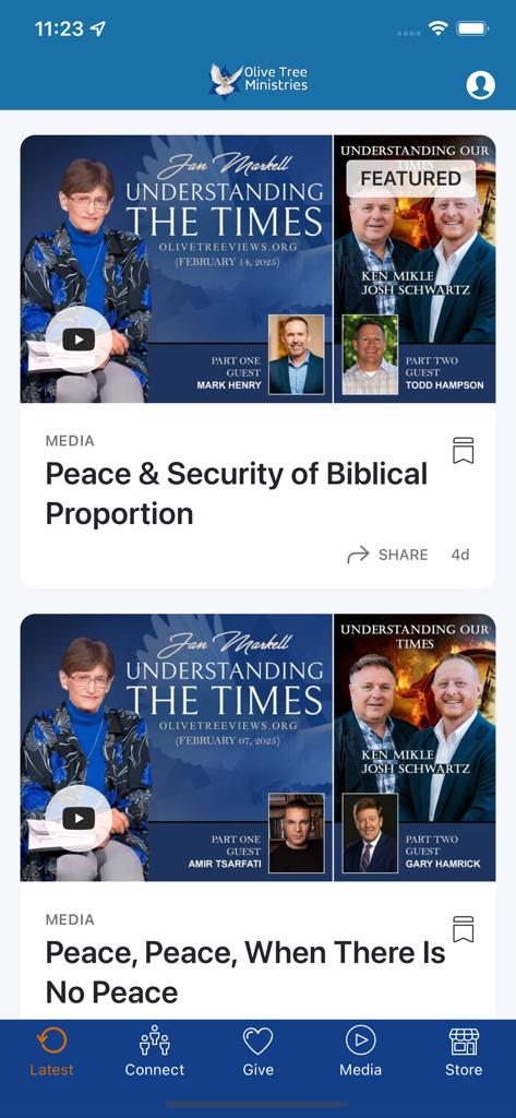 Interfaz de la aplicación Olive Tree Ministries que muestra artículos recientes de medios y recursos de estudio espiritual.