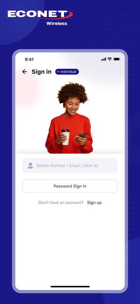 Sign in page of the My Econet app showing input fields for mobile number or email and a password sign in button.
