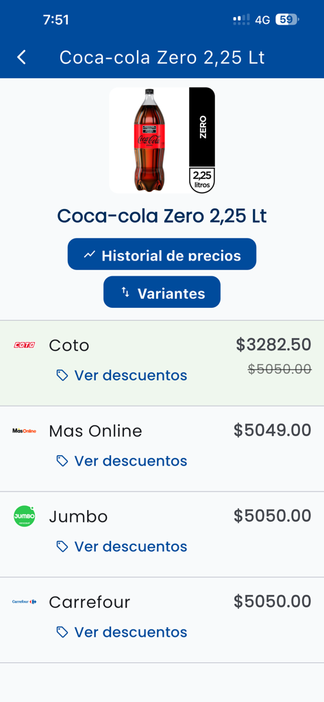 SuperFacil - CotoやJumboなどのアルゼンチンのスーパーマーケット間でのコカ・コーラ・ゼロの価格比較を示すモバイル画面