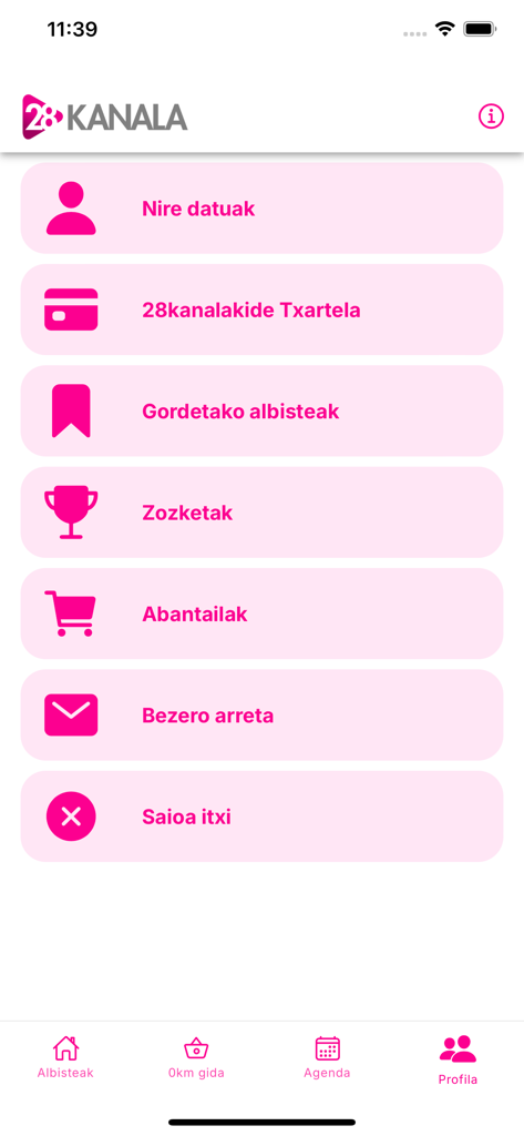 User profile menu of the 28 KANALA app showing account options membership card and saved news in Basque
