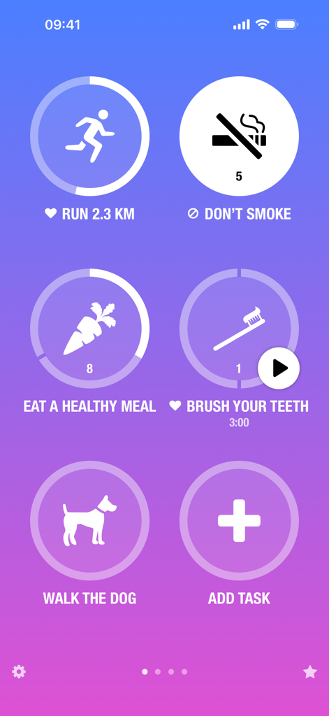 Dashboard der Streaks Gewohnheitstracker-App, die tägliche Aufgaben wie Laufen, gesunde Ernährung und Gassi gehen mit Fortschrittsanzeigen zeigt.
