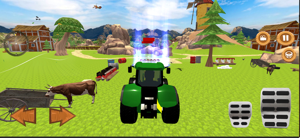 Real Farming Tractor 3D - Tractor verde en un entorno de simulador de granja 3D con ganado y graneros.