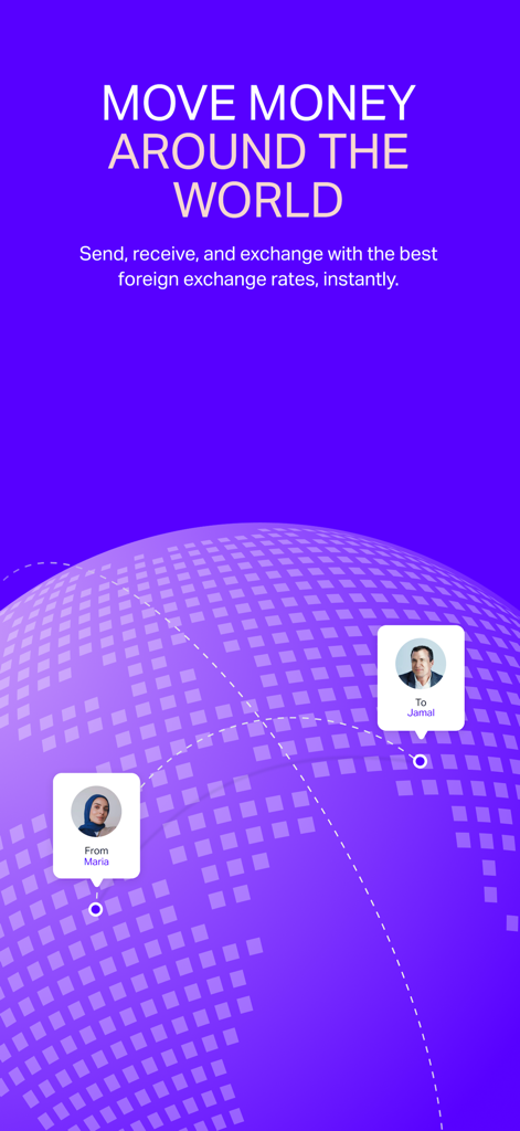 Wio Personal - A marketing graphic for the Wio Personal app showing international money transfers on a digital globe