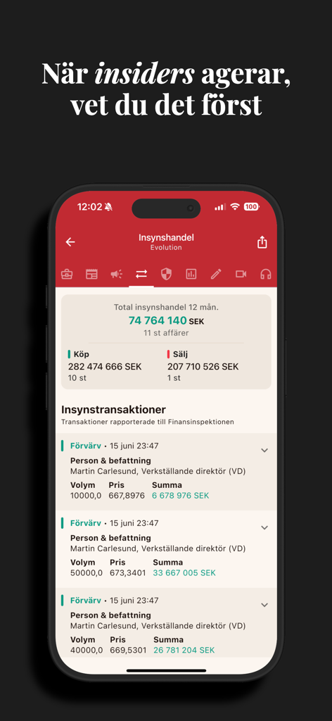 Börskollen: Aktier & Börsen - Pantalla de la aplicación Börskollen que muestra datos de transacciones de insiders en tiempo real y transacciones de acciones de ejecutivos.