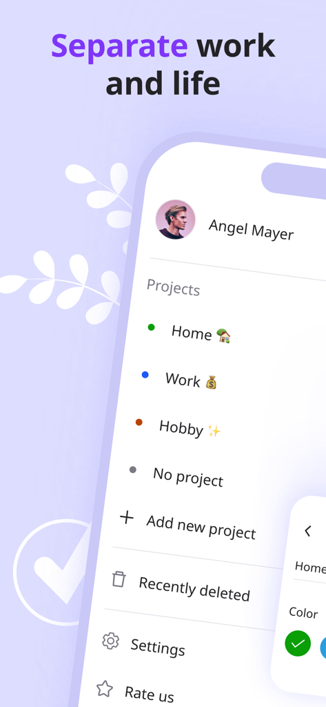 Listta: ToDo & Digital Planner - Listta app interface showing project categories for home work and hobbies to separate life tasks