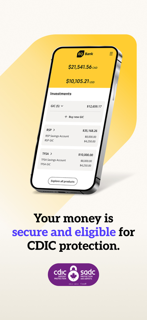 EQ Bank mobile app interface showing investment balances and CDIC protection assurance.