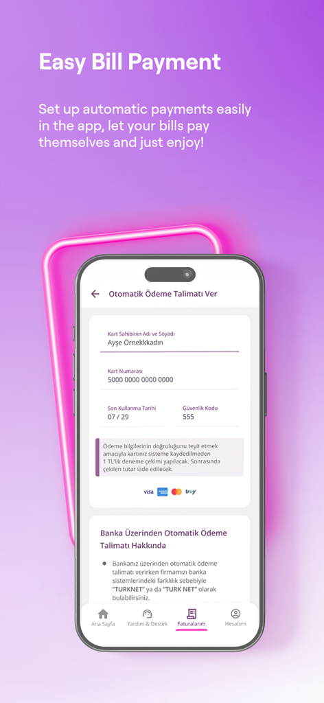 TurkNet mobile app interface for setting up automatic bill payments on an iPhone.