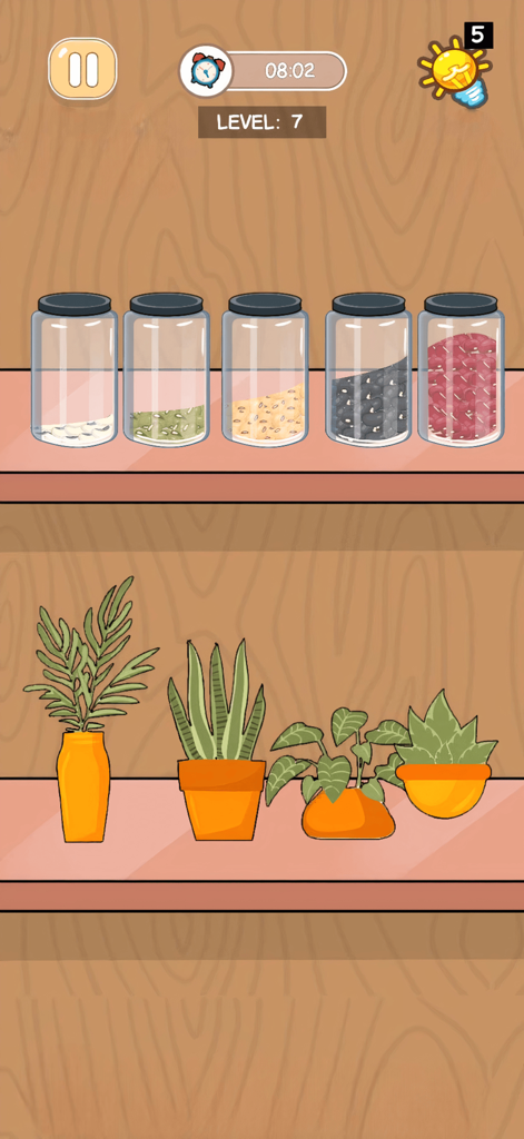 Perfect Satisfying: ASMR Tidy - Una pantalla de juego de Perfect Satisfying ASMR Tidy con frascos de vidrio y plantas en macetas organizadas en estantes de madera