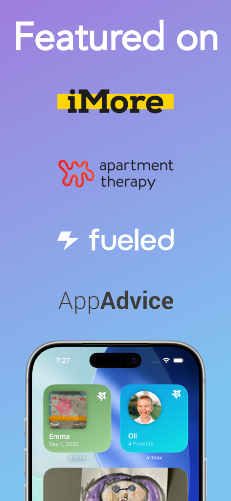 Artbox app featured on media outlets like iMore and Apartment Therapy showing kids art widgets on an iPhone home screen.