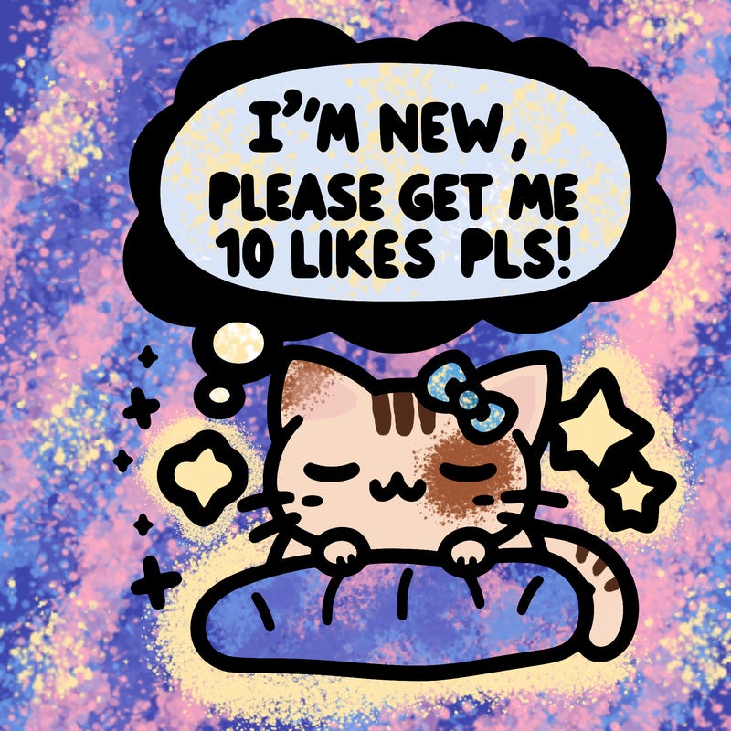 kitty taking a nap dream talking and saying "i'm new, please get me at least 10 likes pls!!"